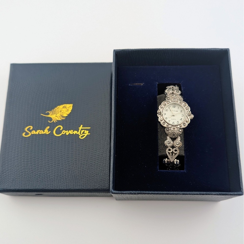 Sarah Coventry Silver Tone Marcasite Style Filigree Bracelet Watch Box 23mm 7"